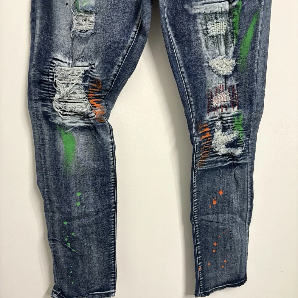 Rue 21 Premium Men's 30X32 Jeans Blue Design Patch Distressed Skinny Fit Denim